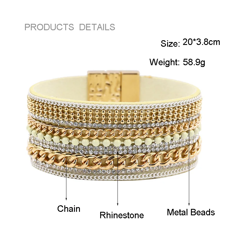 Rhinestone Beads Charm Bracelet For Women Bohemia Chain Wide Leather Bracelets Magnetic Bangles Jewelry | Украшения и аксессуары