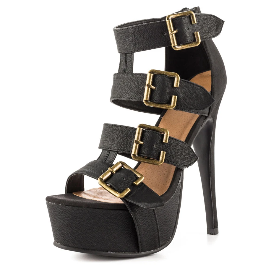 Оригинальные женские босоножки на тонком каблуке с открытым носком и пряжкой