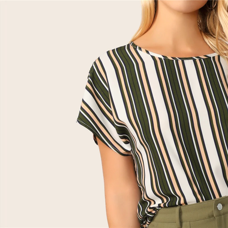 SHEIN летняя блузка в полоску с замочной скважиной на спине, Женские топы и блузки, повседневные женские топы с рукавом «летучая мышь» и круглым вырезом