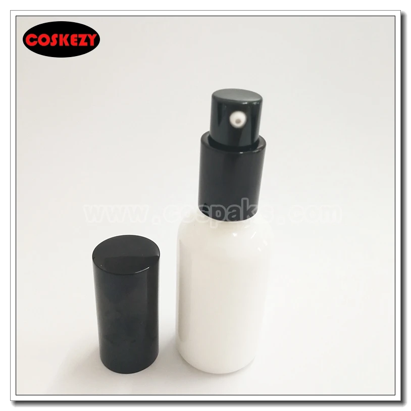 50pcs 1oz black lotion pump glass packaging , 30ml white glass bottle with lotion pump, glass bottle with aluminum spray pump