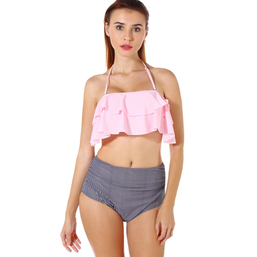 LELINTA 2019 Высокая талия комплект бикини двойной рюшами плавание одежда для женщин