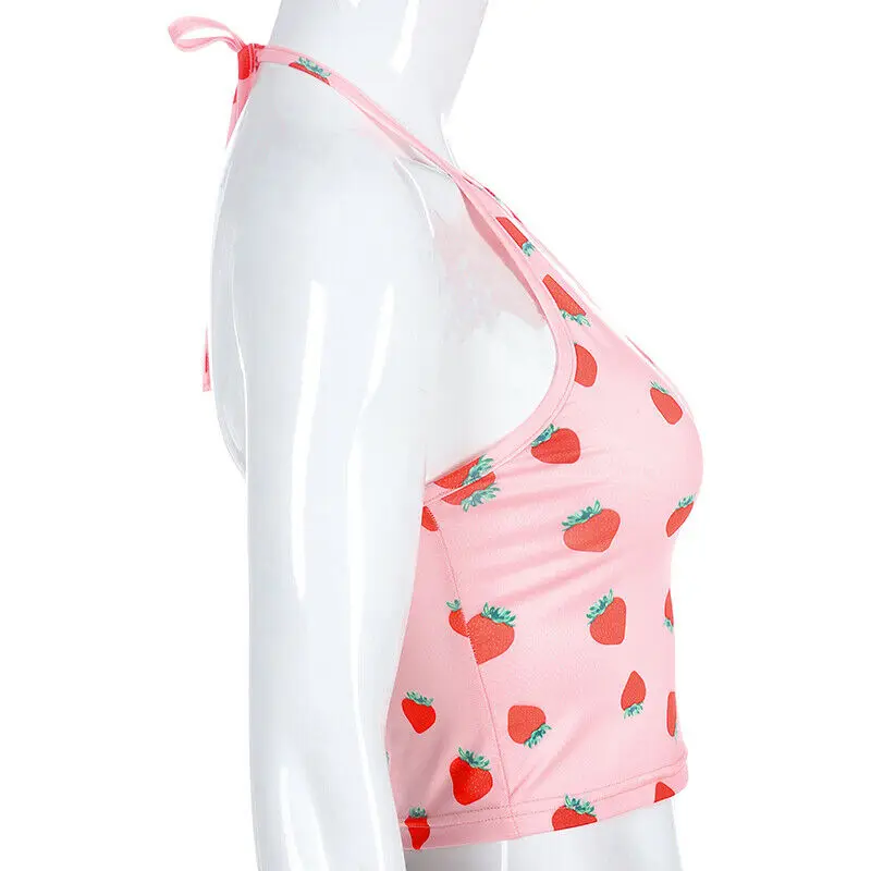 New Style Women Tank Top Halter Crop Singlet Print Strawberry Sheath Bandage Backless Short Casual Fashion Hot 2019 | Женская одежда
