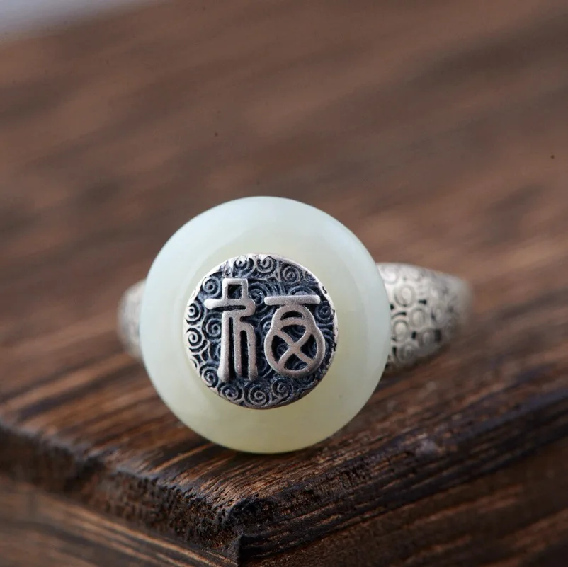 

CMAJOR 925 Thai Silver Vintage Happiness Character Jade Adjustable Ring Women Girls Handmade Sterling Silver Jewelry Wholesale