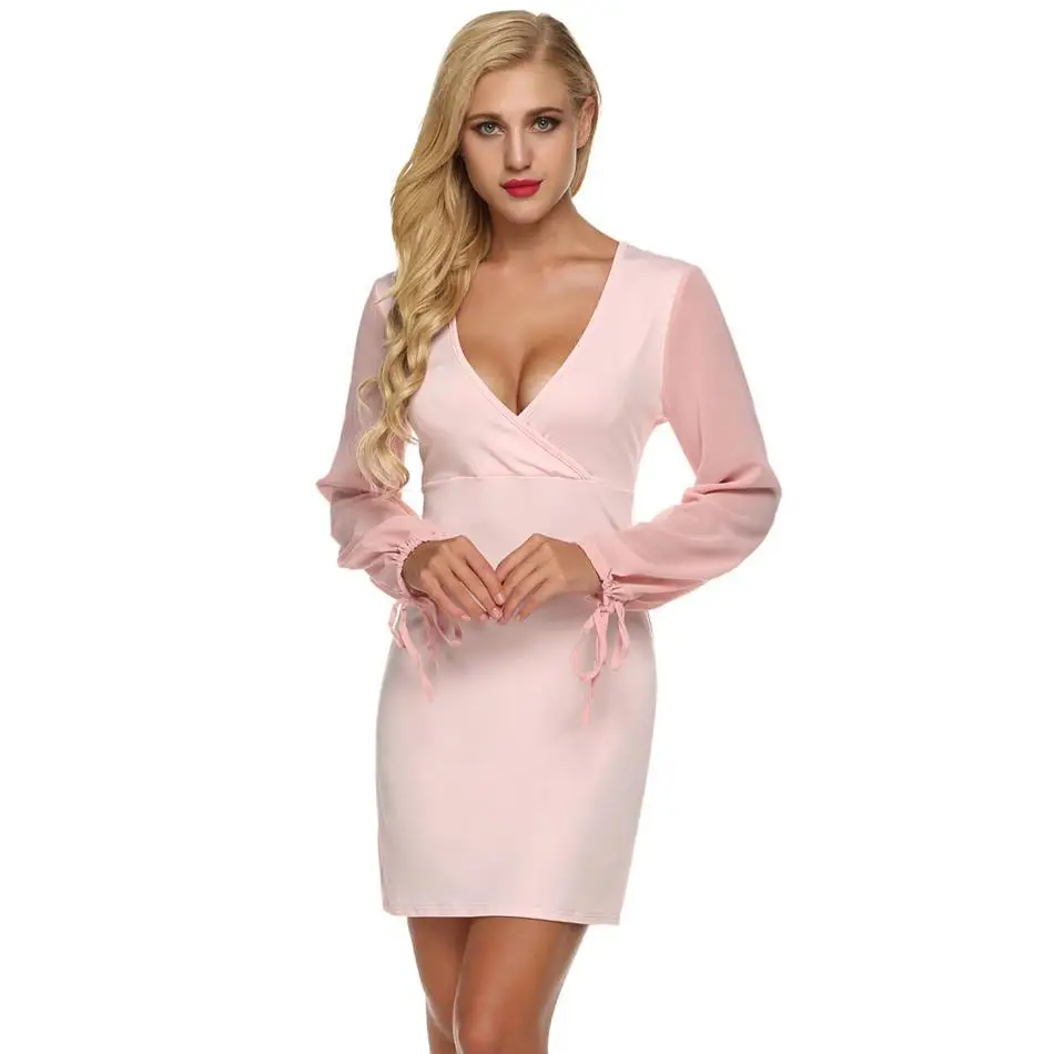 Women V-Neck Chiffon Sleeve Patchwork Jersey Sexy Above Knee Casual Party Long Solid Dress | Женская одежда