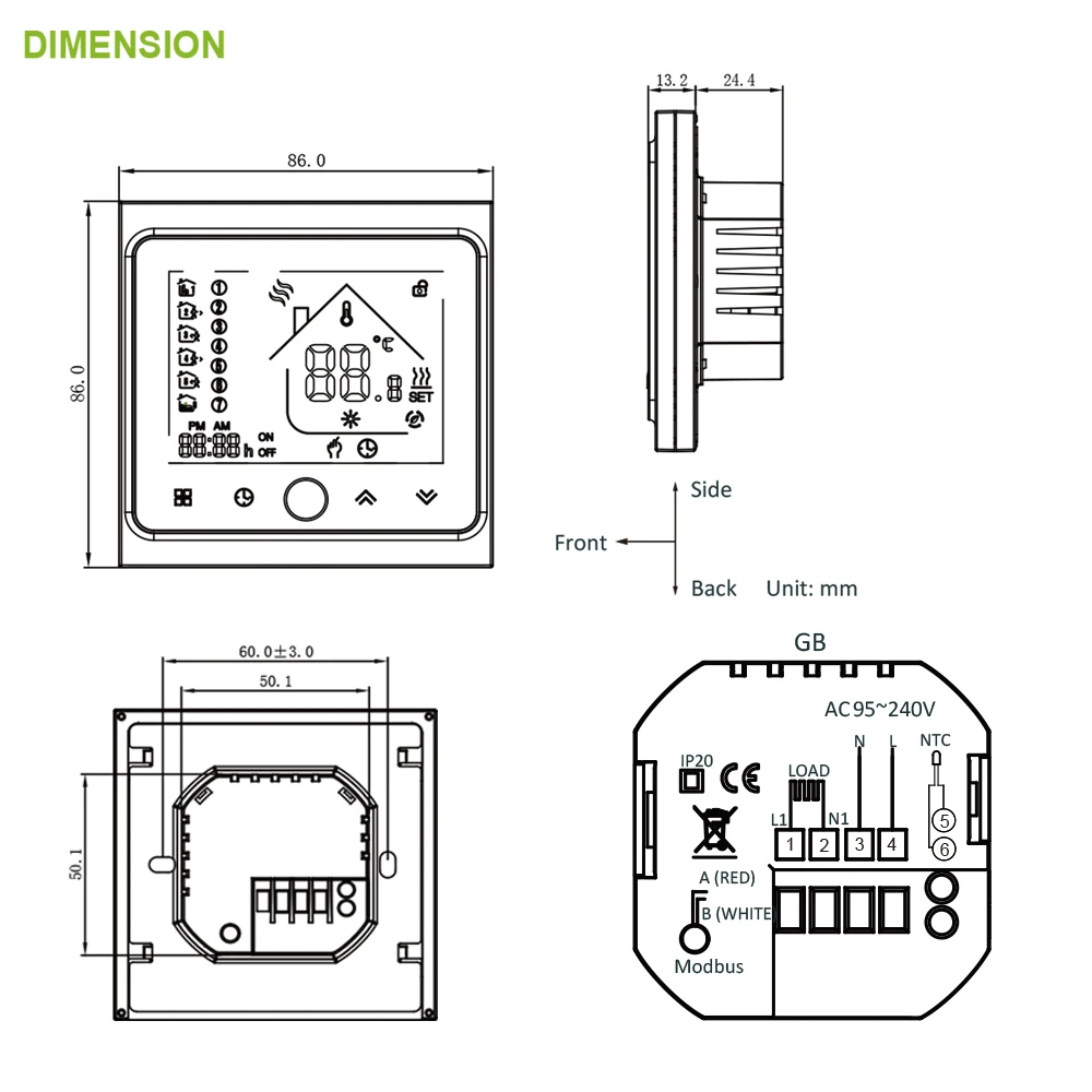 Thermostat Modbus Communication 16A Electric Heating LCD Touch NTC Sensor Programmable Room Temperature Controller | Обустройство