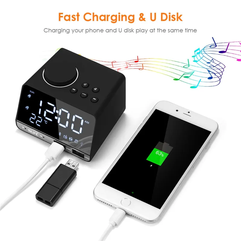 Цифровой будильник, fm-радио, Bluetooth, динамик, большая вилка стандарта ЕС, 2 usb-порта, светодиодный, ночной, настольный, будильник, часы для дома, Повтор