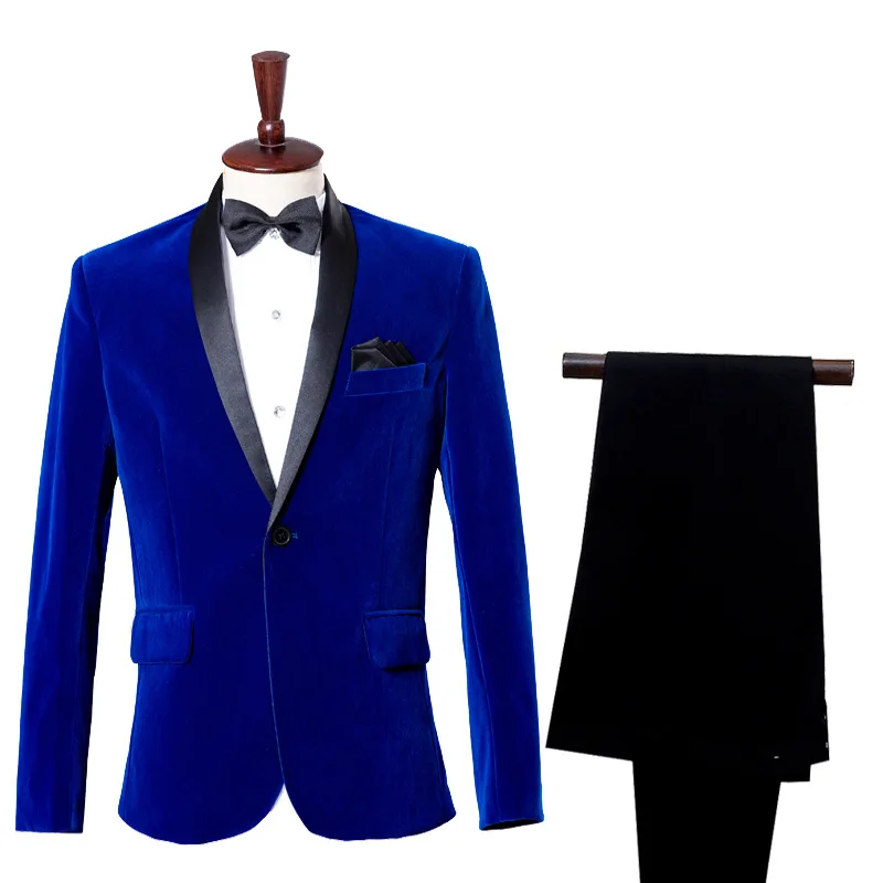 

2018 Men's Autumn Winter Classic Shawl Collar Two Piece Royal Blue Wine Red Velvet Wedding Groom Suit Jacket Pants Leisure Blaze