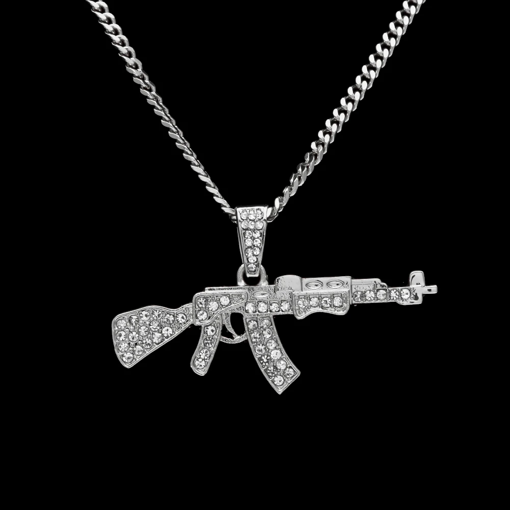Ожерелье из сплава AK47 с подвеской в виде пистолета, стразы со льдом в стиле хип-хоп, кубинская цепочка в стиле «хип-хоп», золото, серебро, ювелирные изделия для мужчин и женщин