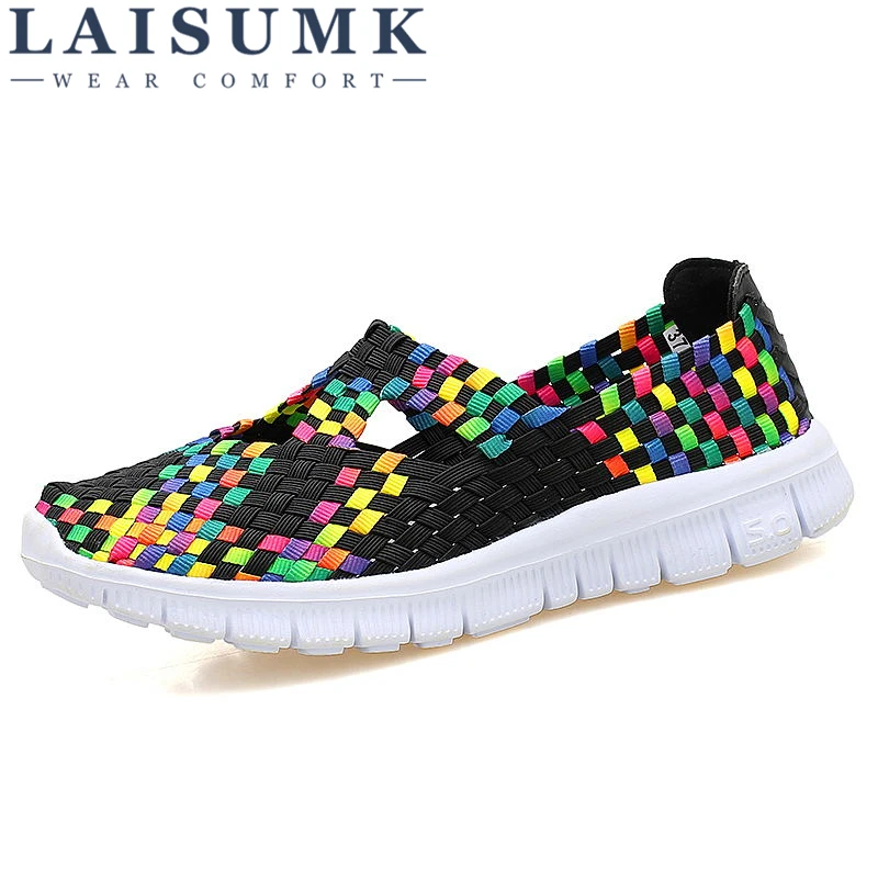 

LAISUMK 2020 Spring Women Flats Shoes Women Woven Shoes Flat Sneakers Shoes Ballet Flats Female Multi Eva Loafers Ladies Shoes