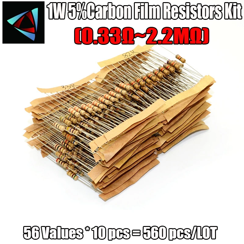 

560PCS 1W 5% 0.33R-2.2M 56 Values*10PCS Carbon Film Resistor Assorted Kit