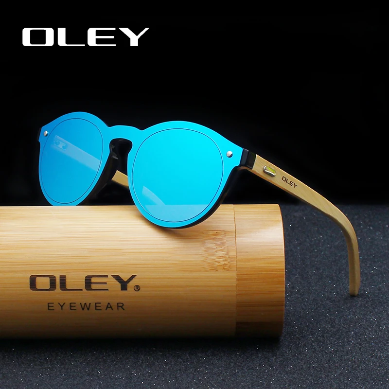 OLEY  Brand Bamboo Leg Color Film Sunglasses Women Classic Round Overall Flat Lens Fashion Retro Female sun glasses Z0479
