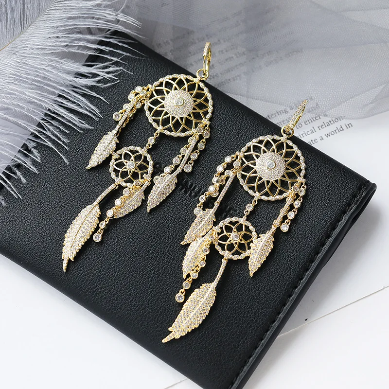 1 Pair Gold Роскошные Длинные Золотые Серьги Ловец снов, перьевые подвески, бохо серьги «Ловец снов», гипербола, CZ камень, серебряные большие серьги - Окраска металла: 1 Pair Gold