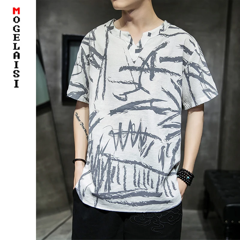 Белая мужская футболка с принтом Fahion льняная хлопковая коротким рукавом и