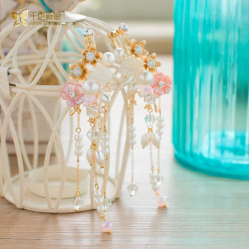 Модные длинные серьги Клип Кристалл Rhinestone Цветочный жемчуг девушка ювелирные