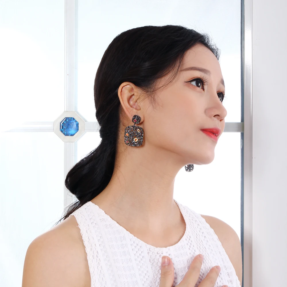 Dreamcarnival1989 New Arrive Women Luxury Unique Vintage Drop Earrings Black& Gold Contrast Siam Fuchsia Synthetic Cubic Zircon