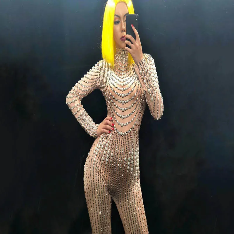 Пикантный Блестящий боди танцевальный комбинезон для танцев с жемчужинами