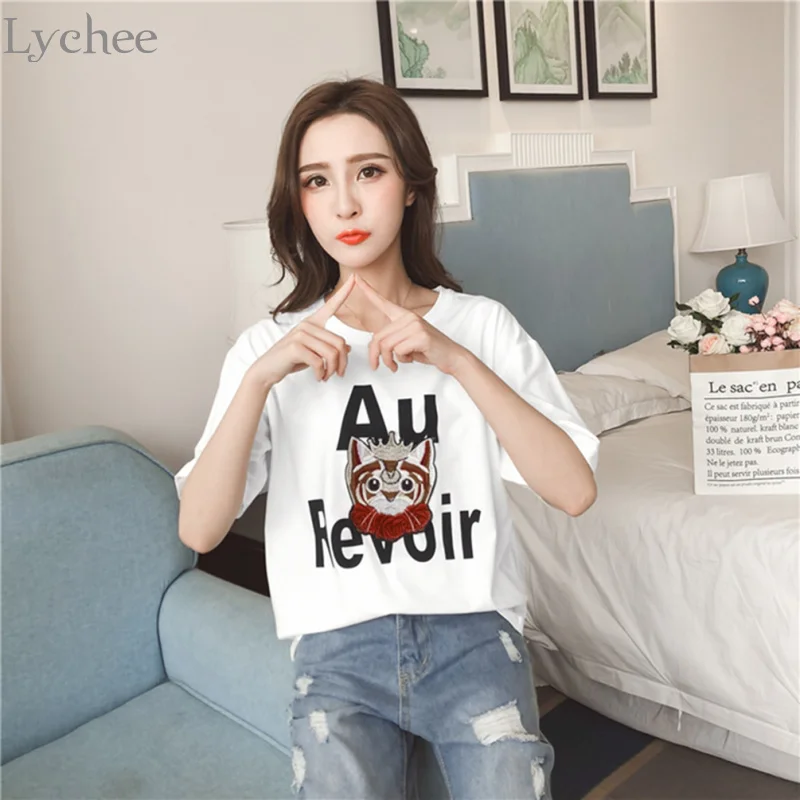 Lychee/симпатичная Женская летняя футболка Корона украшение в виде кота с буквенным