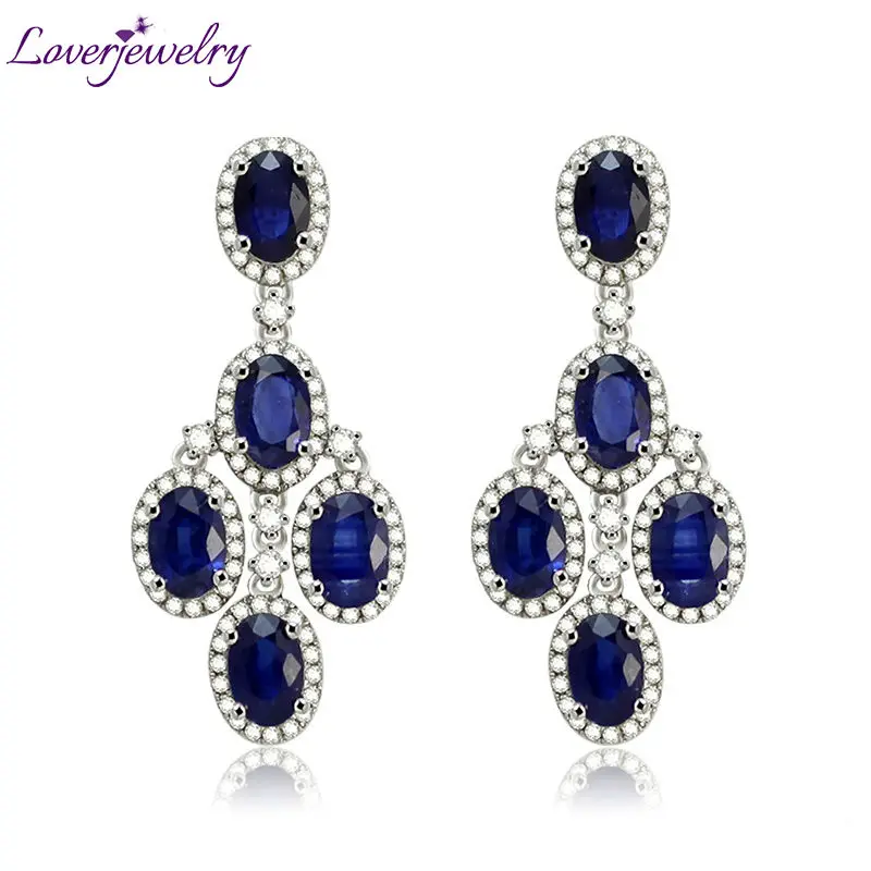 

LOVERJEWELRY Wedding Sapphire Earrings Solid 14Kt White Gold Real Diamond Sapphire Drop Earrings Oval 4x6mm for Banque Party