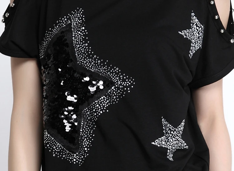 Sequin Five футболка с принтом звезд, женская модная футболка с круглым вырезом, с заклепками, с открытыми плечами, с коротким рукавом, женская летняя хлопковая футболка, женские свободные топы