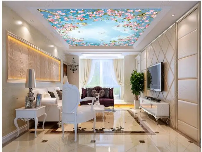 3d фотообои на заказ синее небо белые облака цветок вишневый цвет комната