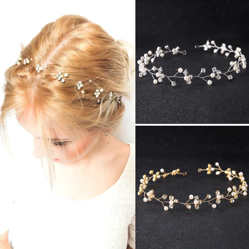 

SLBRIDAL Handmade Clear Rhinestone Crystal Pearls Wedding Tiara Headband Hair Vine Bridal Headpiece Hair accessories Bridesmaids