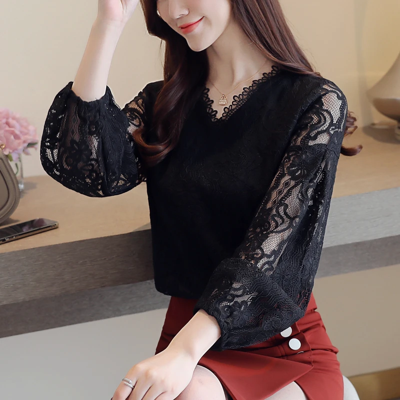2021 Korean style women blouse lace Long sleeves autumn and winter chiffon shirt hollow sexy top work wear blusa 1151 40 | Женская