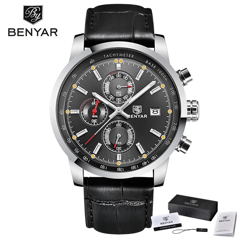 5102C05 with box Relogio Masculino BENYAR часы мужские Топ люксовый бренд хронограф спортивные мужские часы военные кожаные часы кварцевые наручные часы 5102 - Цвет: 5102C05 with box