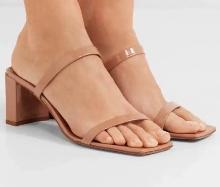 

Carole Levy 2019 Woman Sexy Slides Open Toe Thick Heels Summer Shoes Square Toe Cutouts high Heel Slippers Lady Sandals
