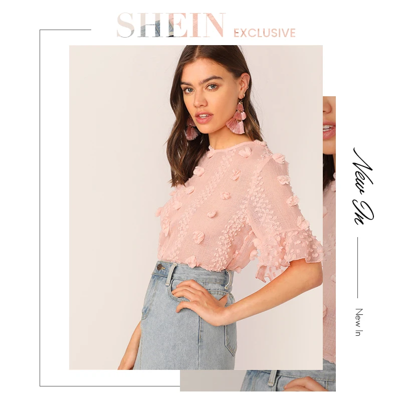 SHEIN элегантный розовый топ с 3D аппликацией и манжетами, блузка для женщин, короткий рукав, круглый вырез, Замочная скважина на спине, летние топы и блузки в стиле бохо