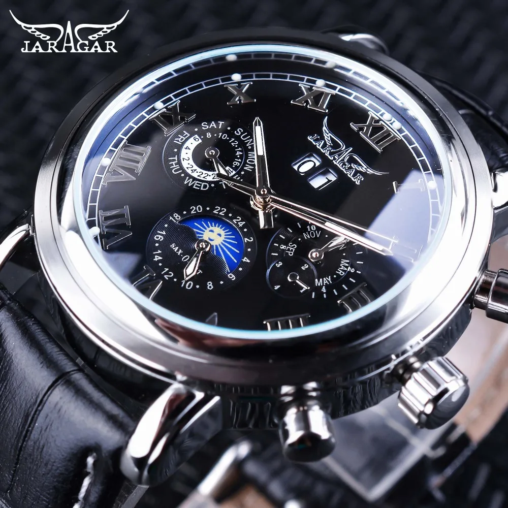 

Jaragar Moon Phase Design Calendar Display Black Leather Belt Men Automatic Wrist Watch Top Brand Luxury Mechanical Montre Homme
