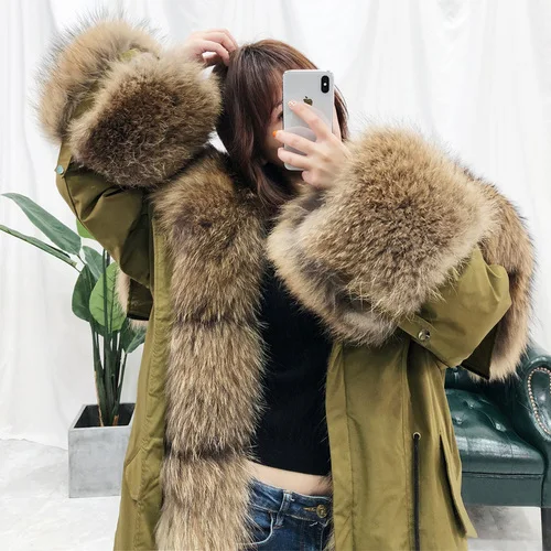 natural raccoon fur Женская куртка-оверсайз OFTBUY, на утином пуху и с меховым воротником, зимняя парка с натуральным съемным мехом енота и лисы - Цвет: natural raccoon fur