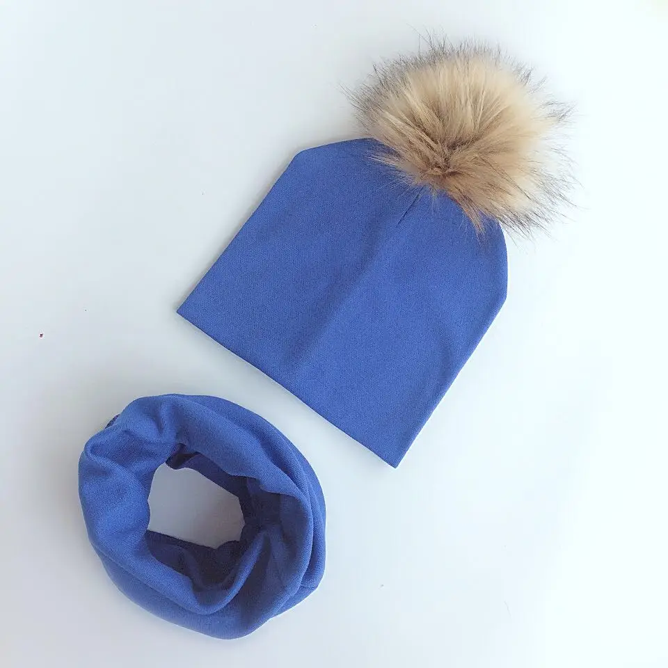 2 blue Детская шапка с помпонами, осенне-зимние детские шапки для девочек и мальчиков, детская шапочка, шапка с воротником, шарф, комплект, детская шапка, реквизит для фотосессии - Цвет: 2 blue