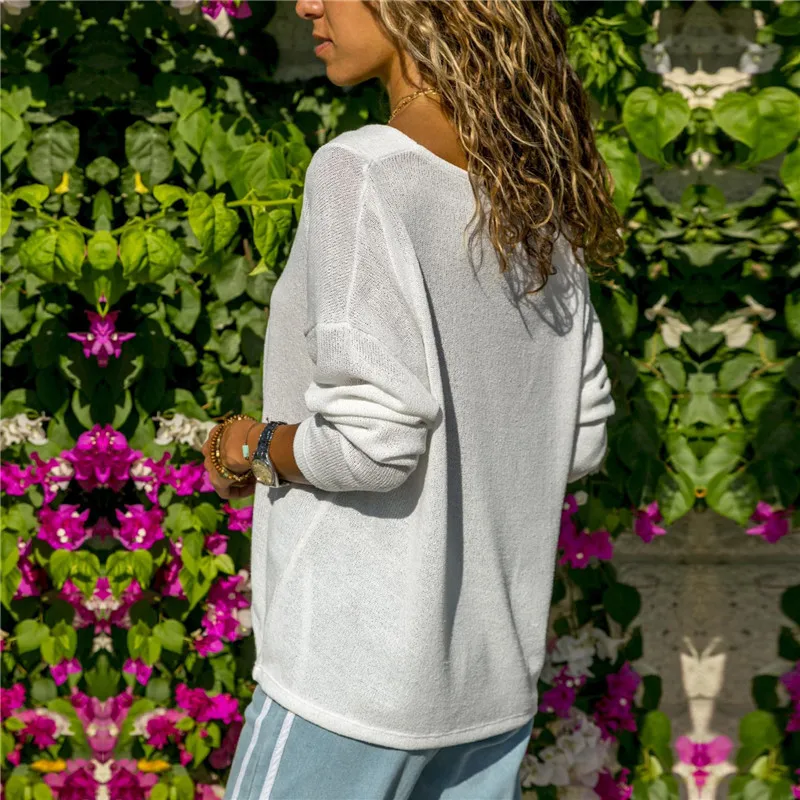 Knitted Sweater Women Casual Long Sleeve Pullover 2019 Fashion V-Neck Loose Jumper Thin Tops Knitwear Sueter Mujer | Женская одежда