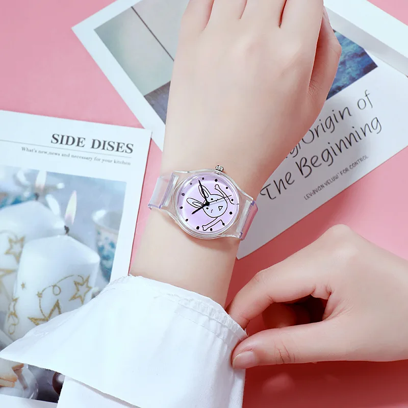 Dropshipping Luxury Brand Cartoon Bear Rabbit Kitten Animal Transparent Strap Quartz Girl Watch Student Soft Band Female | Наручные часы