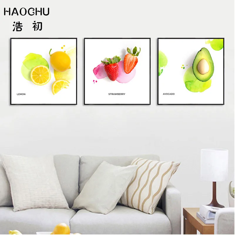 HAOCHU European lemon strawberry avocado pattern canvas restaurant wall decoration picture tea shop sticker | Дом и сад