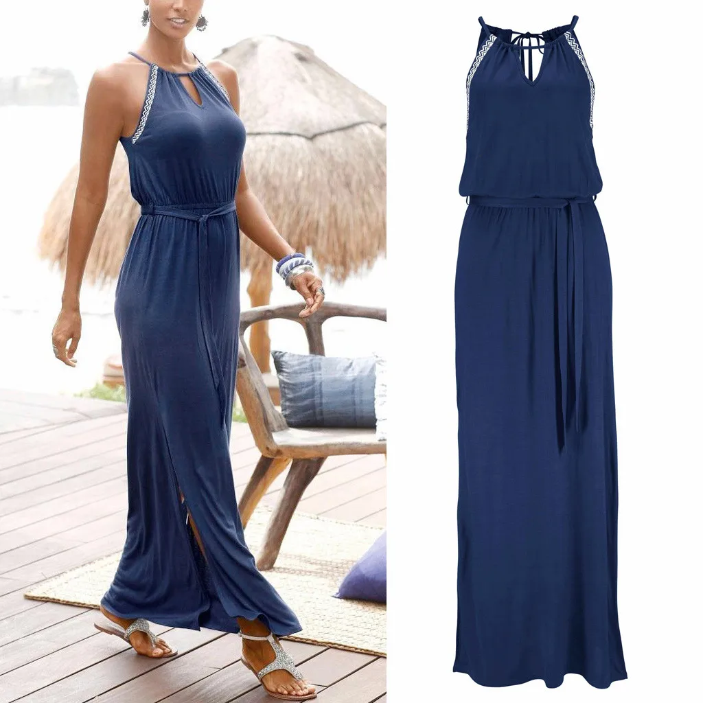 Женские свободные летние пляжные лоскутное длинное платье с открытой спиной