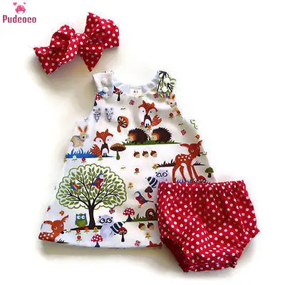 

3 Pieces Infant Newborn Toddler Kids Baby Girl Clothes Set Print Cartoon Animal Pattern Dress+Short Pants Outfits Set
