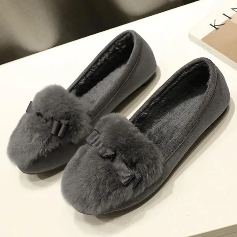 Женская обувь с бантиком из кроличьего меха размера плюс 43 остроконечный