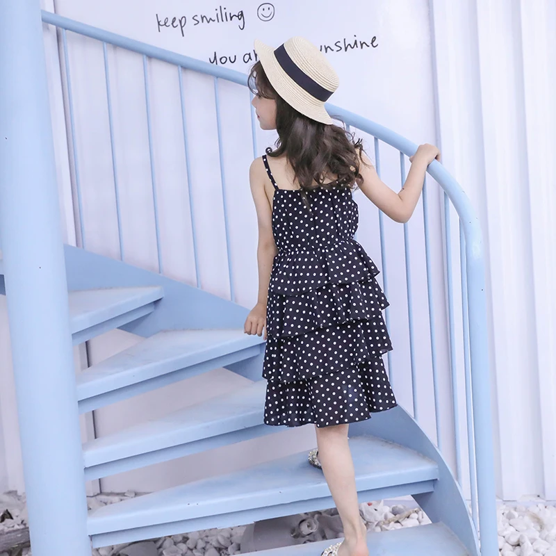 Baby girl polka dot tiered dress summer beach spaghetti strap boho chiffon toddler layered cake kid black white new | Детская одежда и