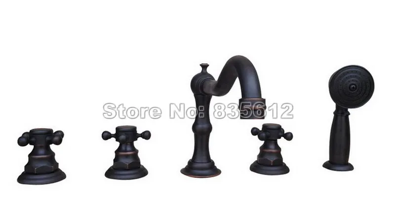 

Black Oil Antique Brass Hand Shower Bathroom Tub Faucet 5-Hole Widespread Deck Mounted Cross Handles Mixer Taps Wtf062