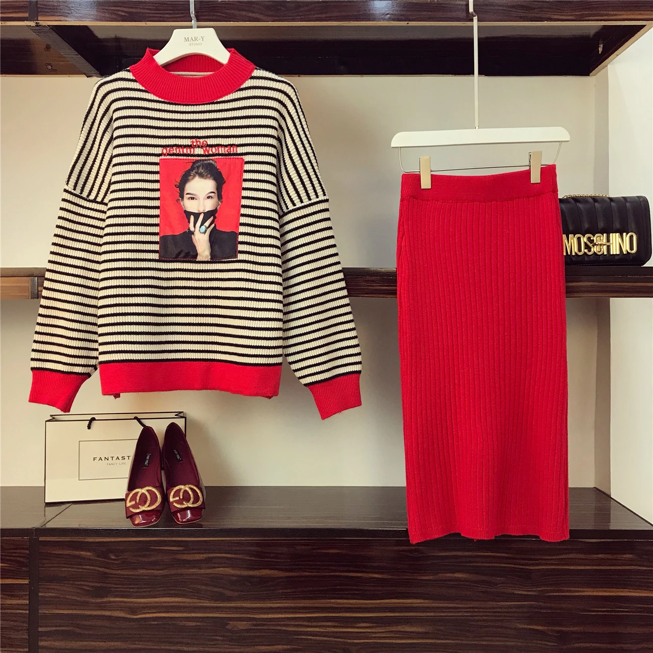 Женский костюм ALPHALMODA осенне зимний повседневный блузка в полоску топ однотонная