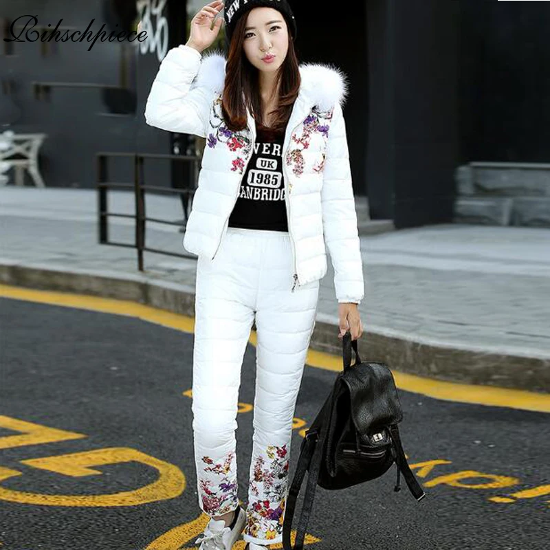 Rihschpiece 2017 Зима печать костюм Для женщин Мех Толстовка Куртка комплект из 2 частей