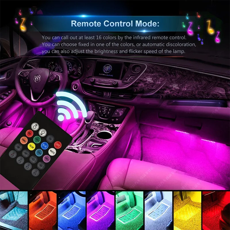 

Car LED Atmosphere Lamp 4 in 1 DC 12V 48 LEDs RGB Remote / APP Control Auto Interior Decorative Light Footwell Styling Lights