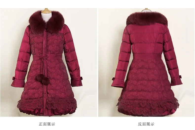 S-3XL, зимняя женская утепленная парка с меховым воротником и кружевами, куртка на белом утином пуху, пальто, женская тонкая верхняя одежда с карманами и расклешенными рукавами
