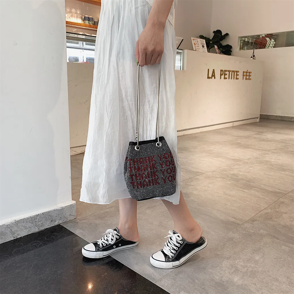 Fashion Casual Summer Women's Multicolor Bright Diamond Package Chain Letter Bucket Bag Small Square Beach Simple Bag