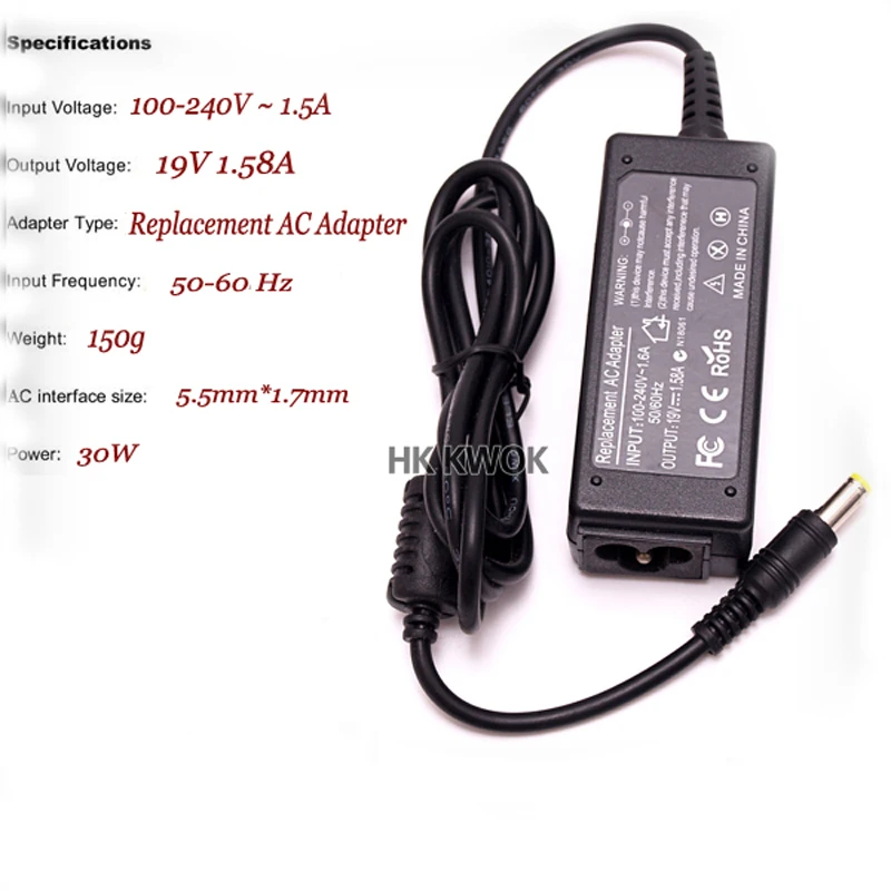 

Free DHL/EMS 50pcs AC Adapter Laptop Charger 19V 1.58A For acer aspire liteon PA-1300-04 A150 D150 Power Supply for Notebook