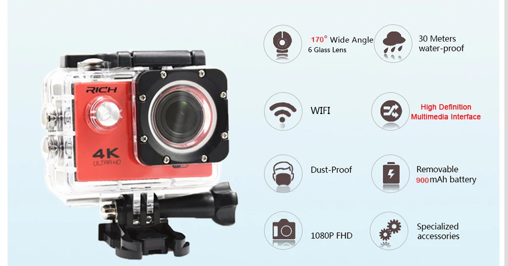2018 Новый богатый Экшн камера для спорта с поддержкой WiFi HD 170D 2 0 Экран Go 30 м