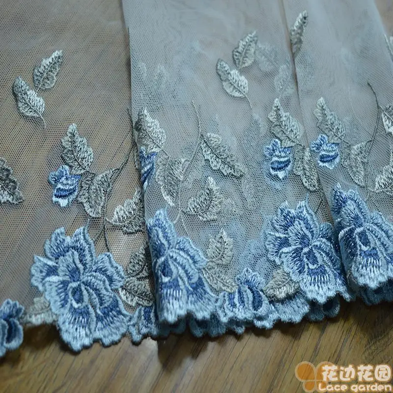 2yds/lot 19 см белый сетки синий цветочной вышивкой кружевной отделкой DIY кружева