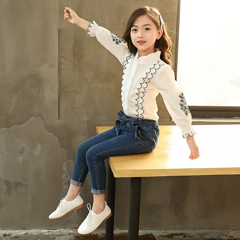 Детский костюм из 2 предметов кружевная рубашка с длинным рукавом и джинсовые