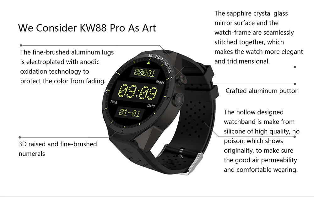 KingWear KW88 Pro 3g смарт-телефон Android 7,0 четырехъядерный 1. 3g Гц 1 ГБ 16 ГБ Bluetooth 4,0 Смарт-часы телефон gps носимые устройства